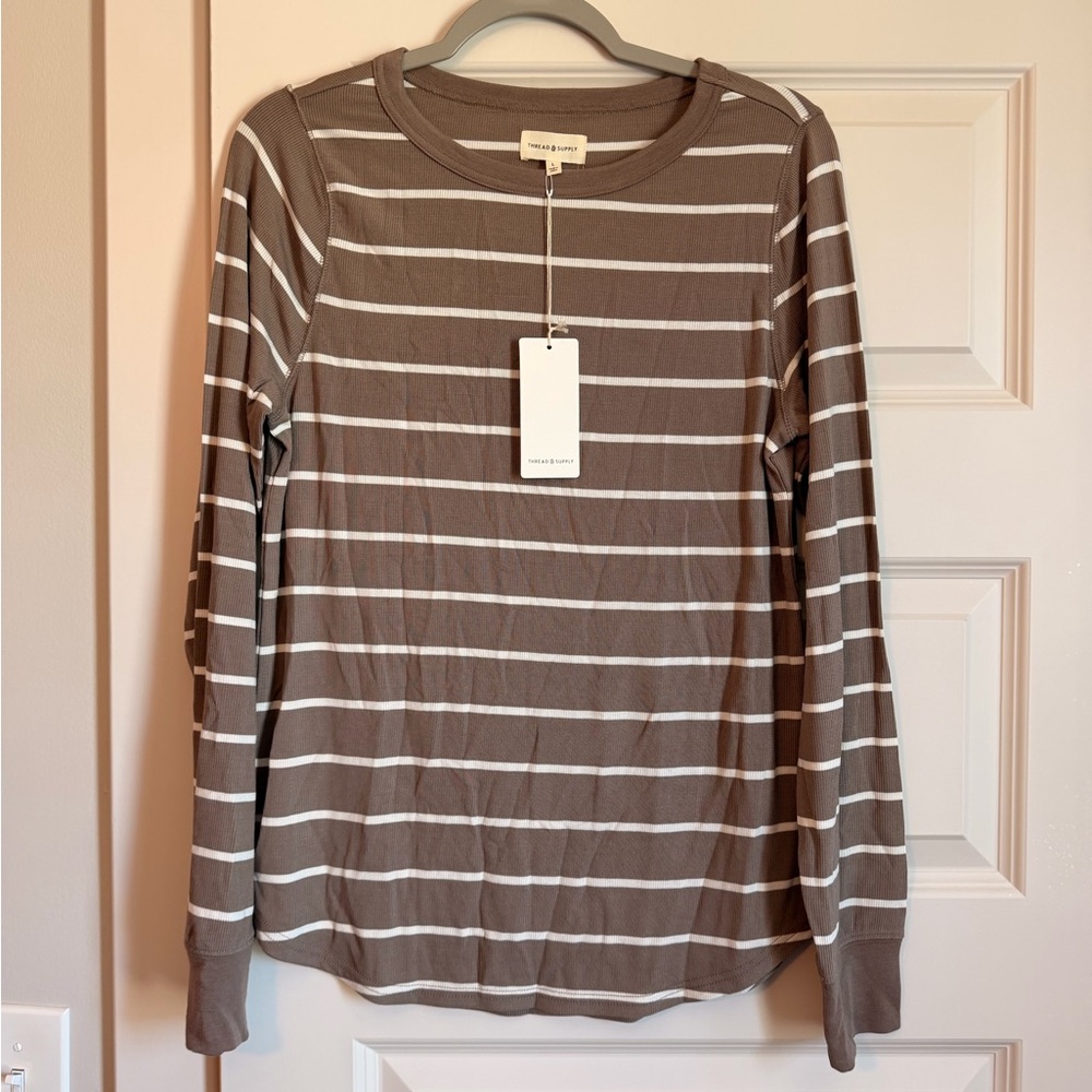 Brand new! Taupe & White Striped Long-Sleeve Top. Large